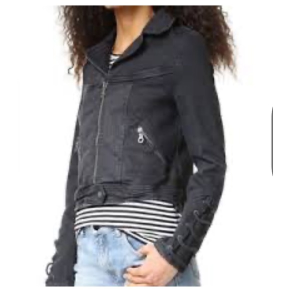 Free People‎ Denim Jacket Moto Style Gray Black Size S - Picture 1 of 9